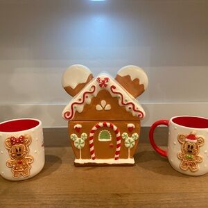 Disney Mickey Hand painted Gingerbread House & 2 gingerbread Mickey/minnie mugs
